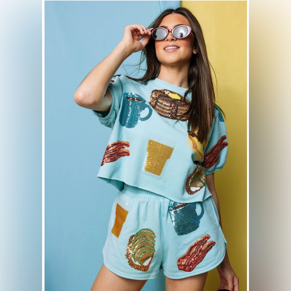 New! QUEEN OF SPARKLES Queen of Breakfast Sequin Shorts